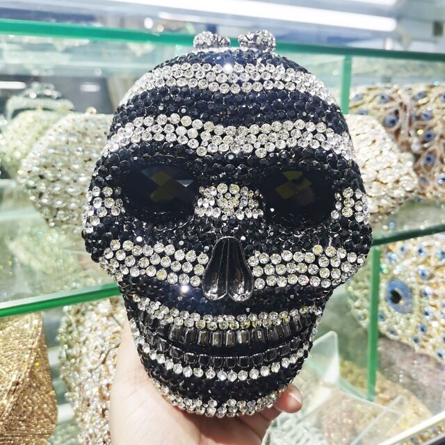 Swarovski  Crystal Rhinestone Bling Skull Handbag Purse Black Stripes