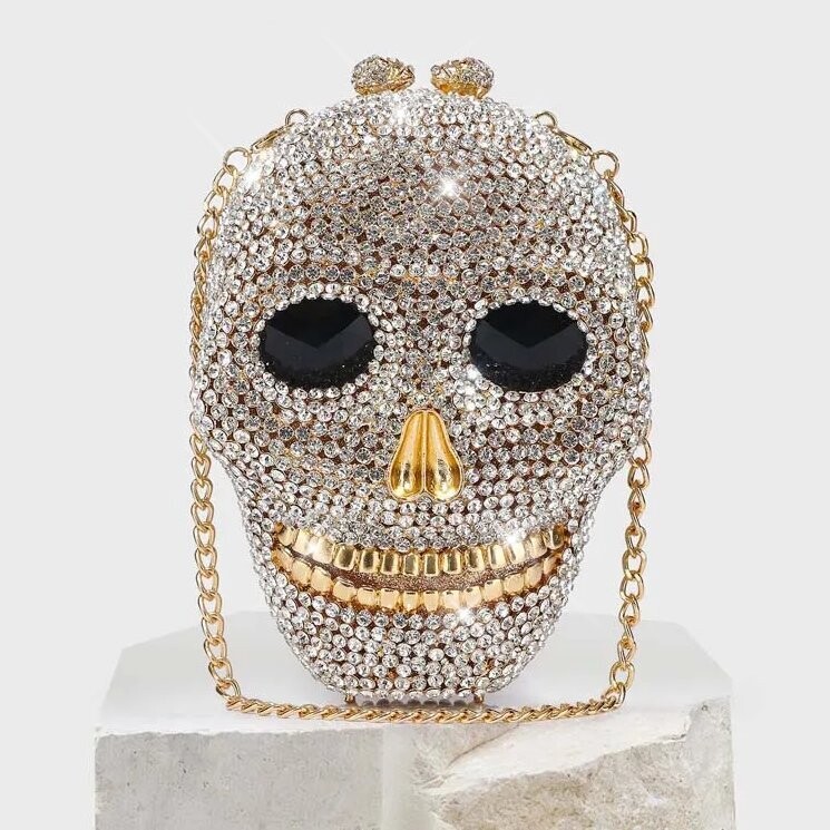 Swarovski  Crystal Rhinestone Bling Skull Handbag Purse: Gold/Silver