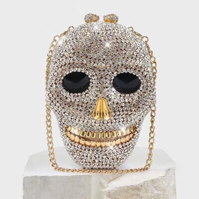 Swarovski Crystal Rhinestone Bling Skull Handbag Purse: Gold/Silver