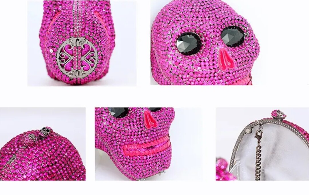Swarovski  Crystal Rhinestone Bling Skull Handbag Purse Black Stripes