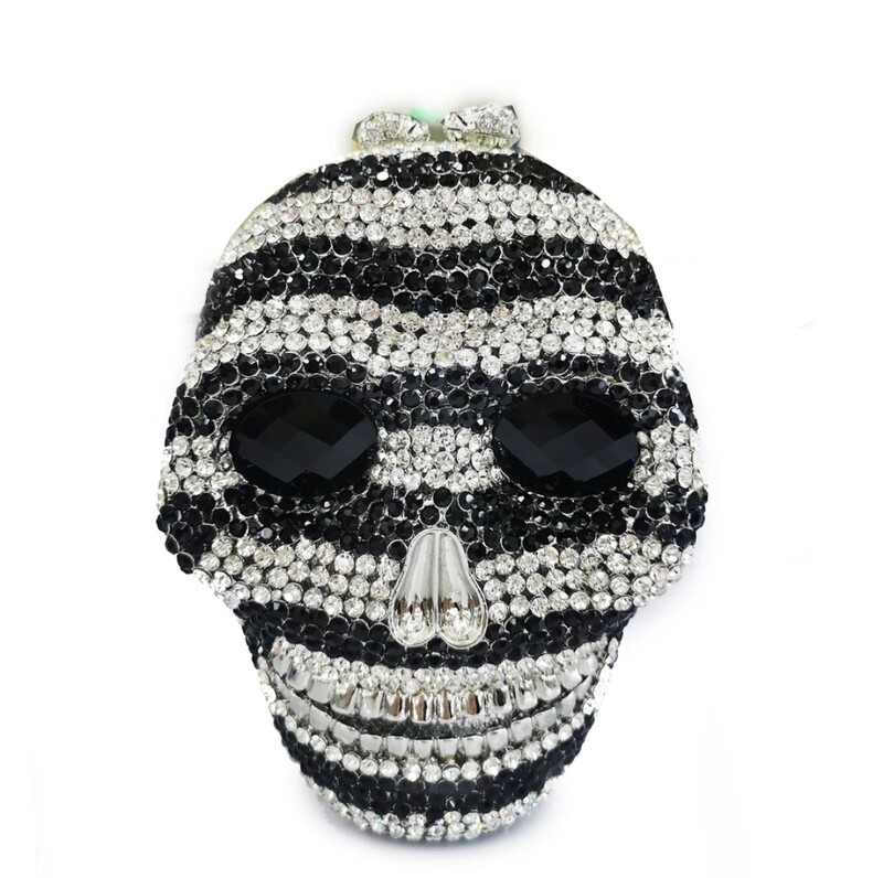 Swarovski  Crystal Rhinestone Bling Skull Handbag Purse Black Stripes
