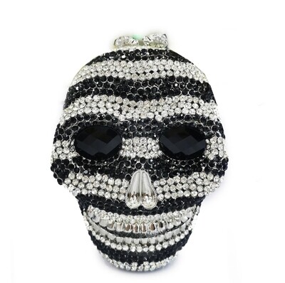 Swarovski Crystal Rhinestone Bling Skull Handbag Purse Black Stripes