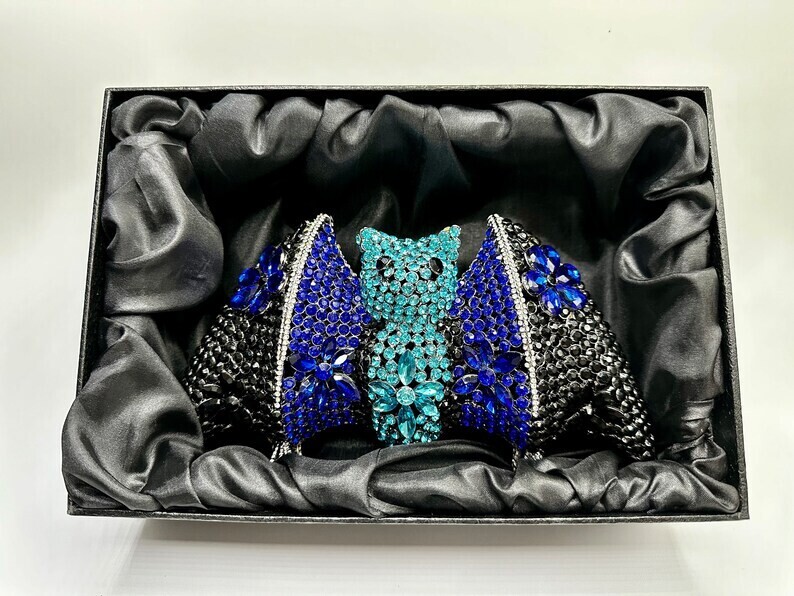 Swarovski  Crystal Rhinestone Bling Bat Handbag Purse: Black Blue