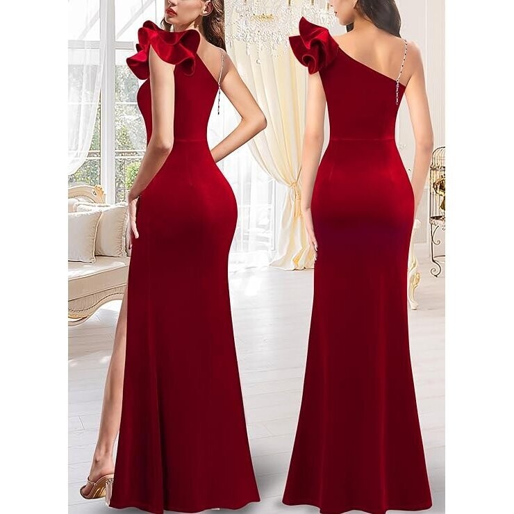 Red Velvet Gown With Bling Crystal Rhinestone Necklace Set