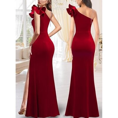 Red Velvet Gown With Bling Crystal Rhinestone Necklace Set