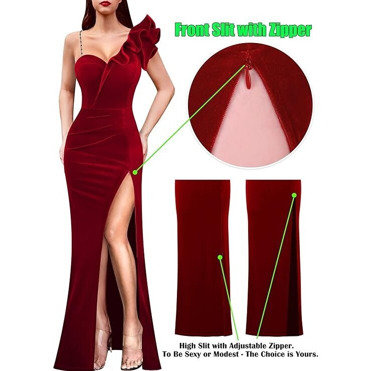 Red Velvet Gown With Bling Crystal Rhinestone Necklace Set