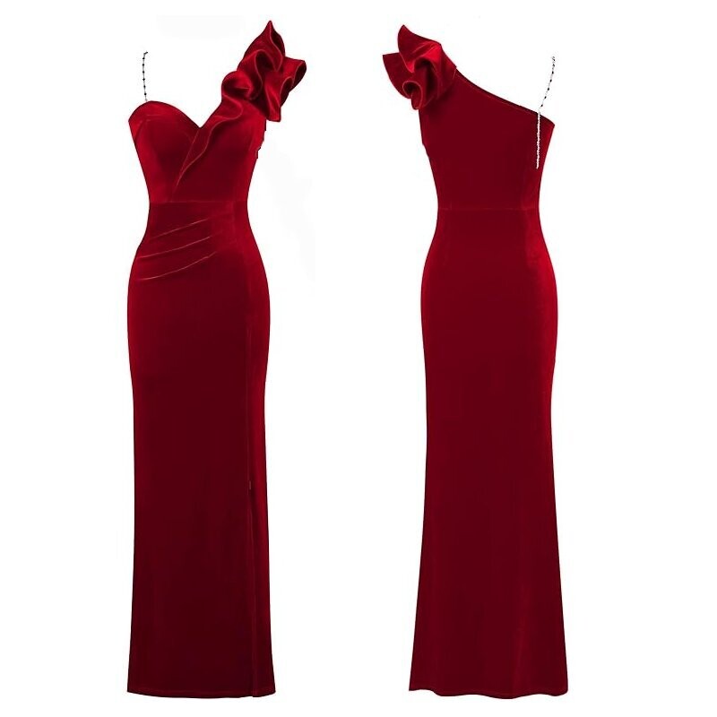 Red Velvet Gown With Bling Crystal Rhinestone Necklace Set