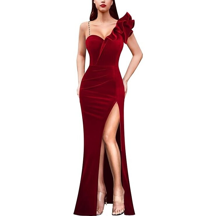 Red Velvet Gown With Bling Crystal Rhinestone Necklace Set