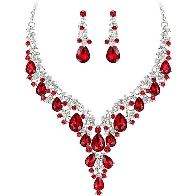 Red Velvet Gown With Bling Crystal Rhinestone Necklace Set