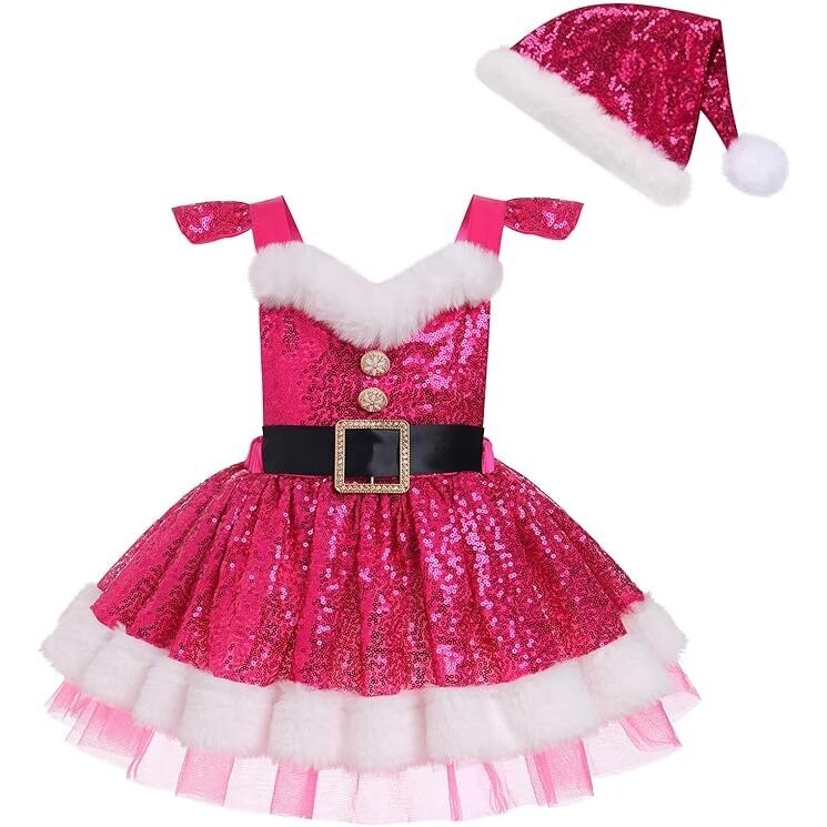 Sparkling Bling Pink Sequin Santa Costume Girls Dress Hat