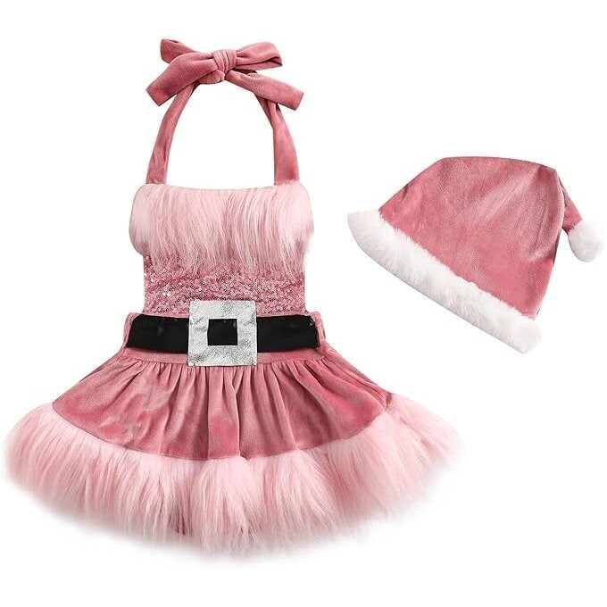 Sparkling Bling Pink Sequin Santa Costume Girls Dress Hat