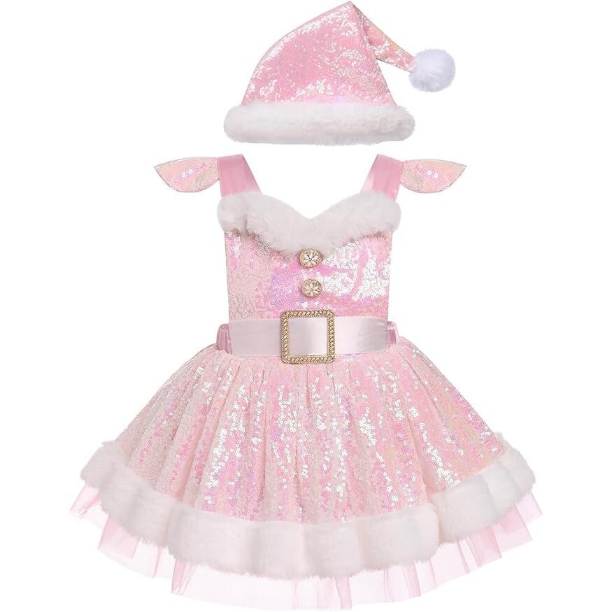 Sparkling Bling Pink Sequin Santa Costume Girls Dress Hat