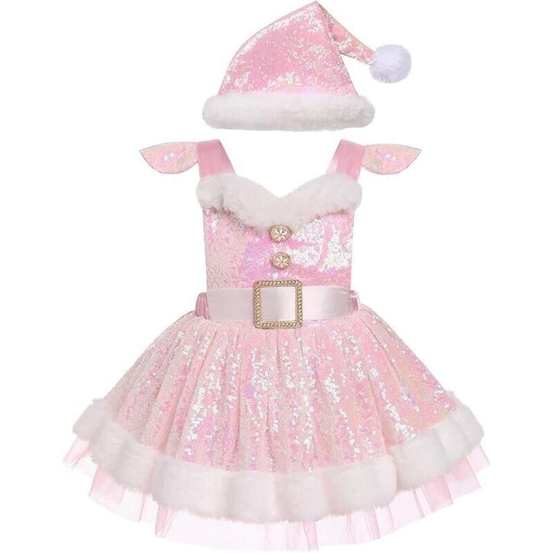 Sparkling Bling Pink Sequin Santa Costume Girls Dress Hat