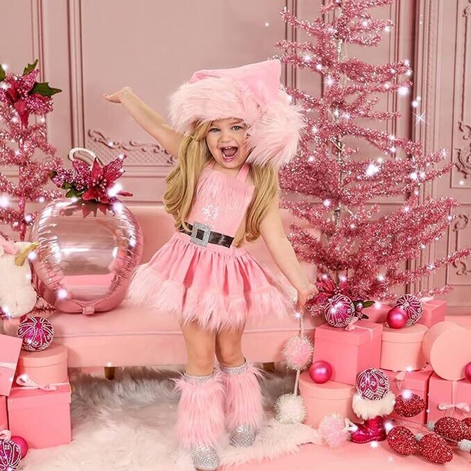 Sparkling Bling Pink Sequin Santa Costume Girls Dress Hat