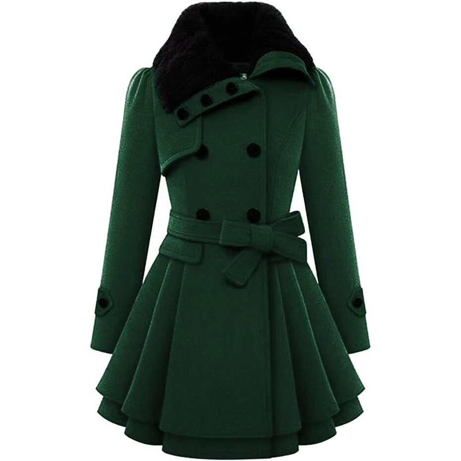 Beautiful Pea Coat Faux Fur Collar Wool Winter Trench Coat