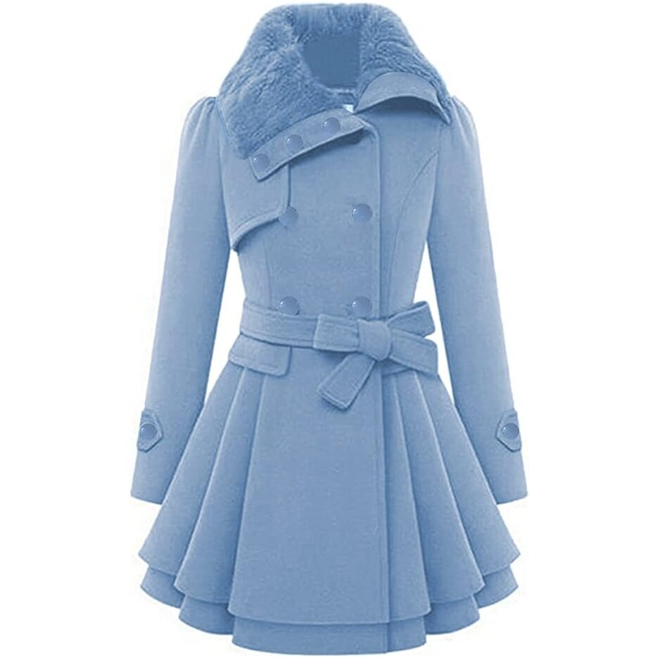 Beautiful Pea Coat Faux Fur Collar Wool Winter Trench Coat