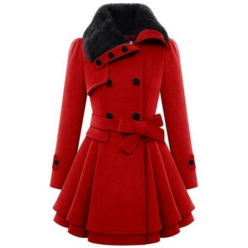 Beautiful Pea Coat Faux Fur Collar Wool Winter Trench Coat