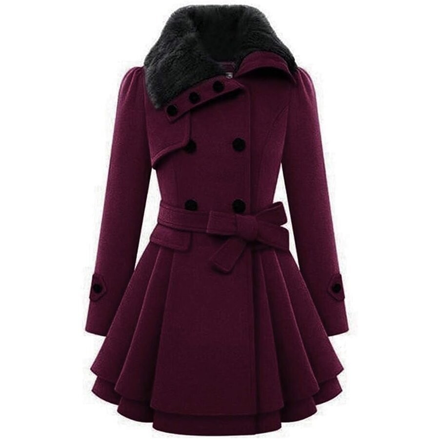 Beautiful Pea Coat Faux Fur Collar Wool Winter Trench Coat
