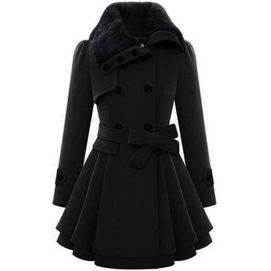 Beautiful Pea Coat Faux Fur Collar Wool Winter Trench Coat