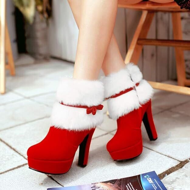 Beautiful Santa Claus Red High Heel Suede Boots Faux Fur