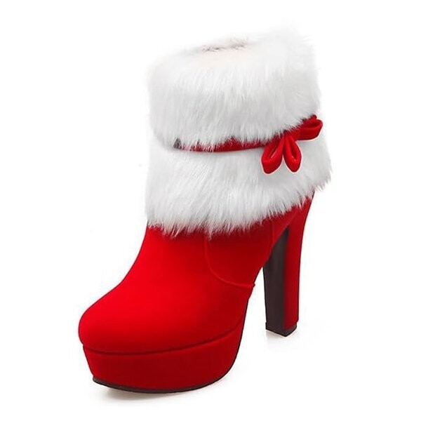 Beautiful Santa Claus Red High Heel Suede Boots Faux Fur