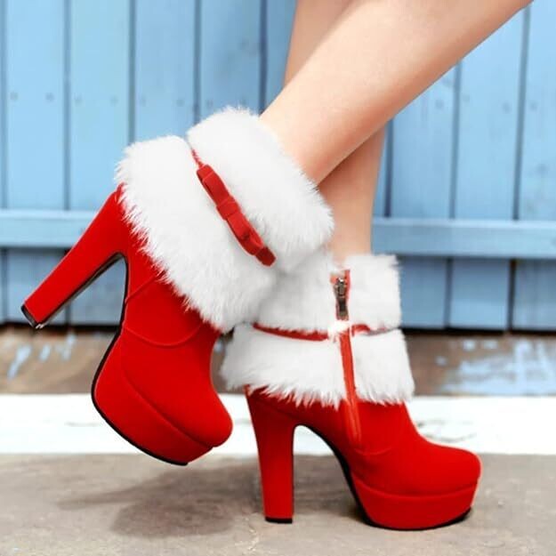 Beautiful Santa Claus Red High Heel Suede Boots Faux Fur
