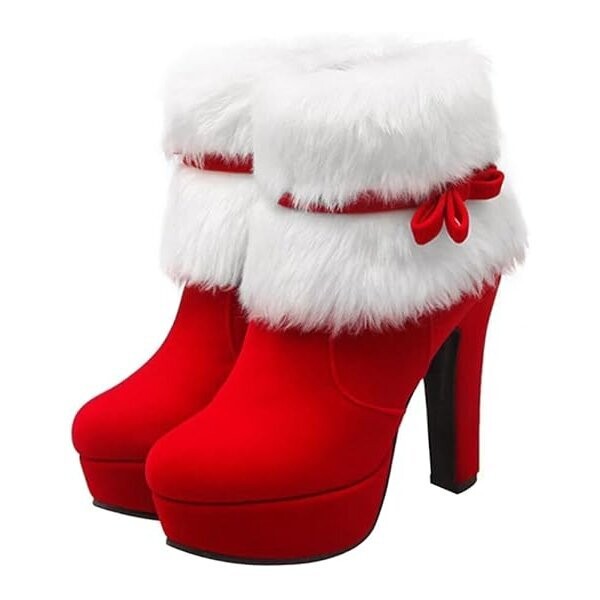 Beautiful Santa Claus Red High Heel Suede Boots Faux Fur