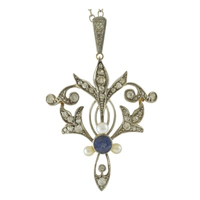 Art Nouveau 18ct Diamond, Sapphire and Pearl Lavaliere