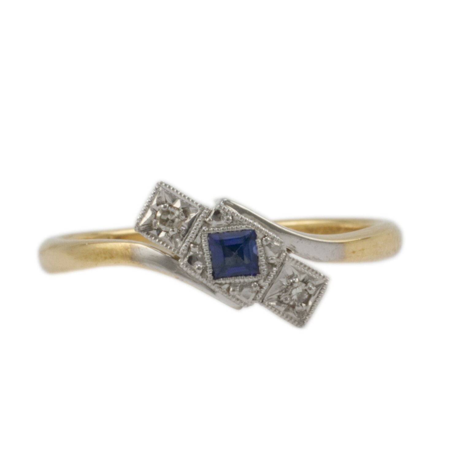 Vintage Synthetic Sapphire & Diamond Three Stone Ring
