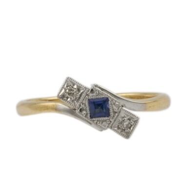 Vintage Synthetic Sapphire & Diamond Three Stone Ring
