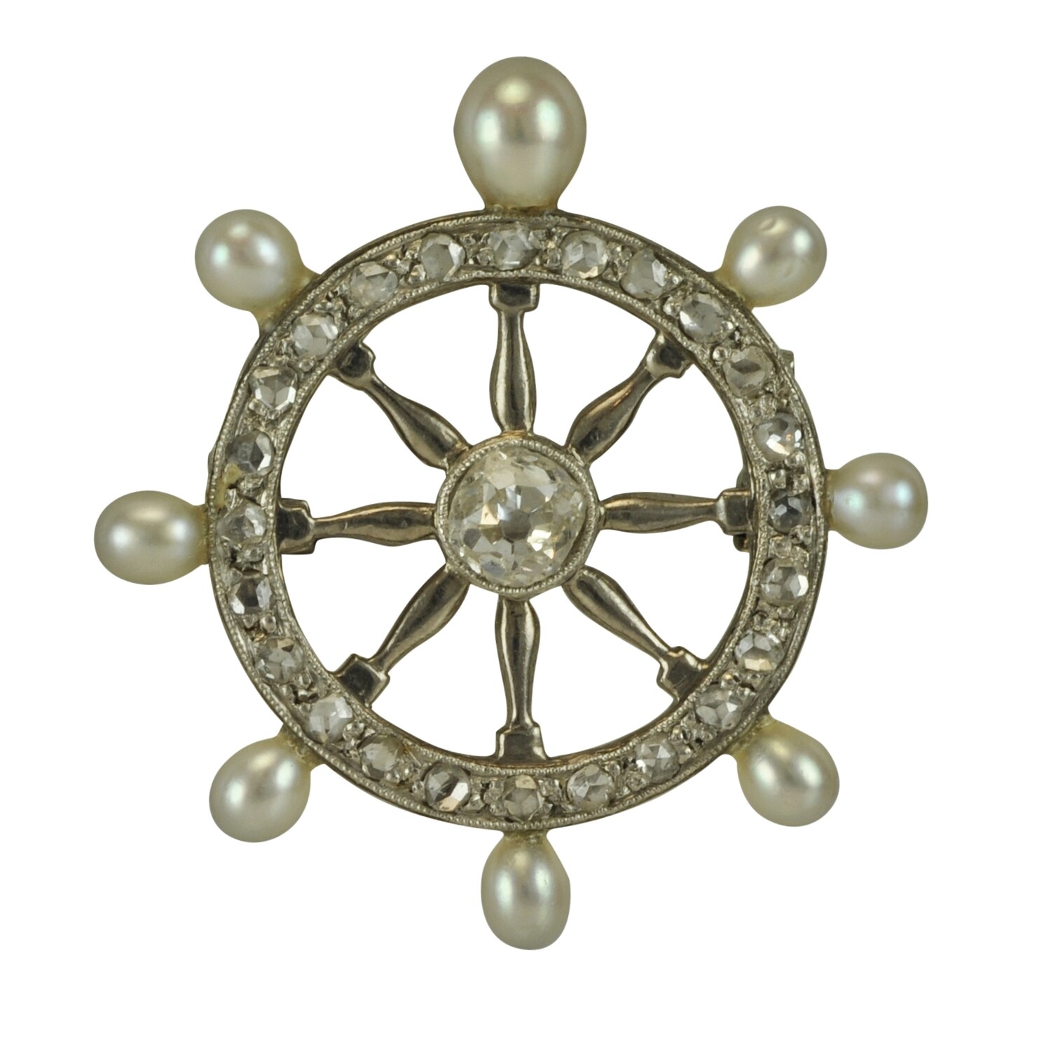 Pearl & Diamond Ship Wheel Brooch