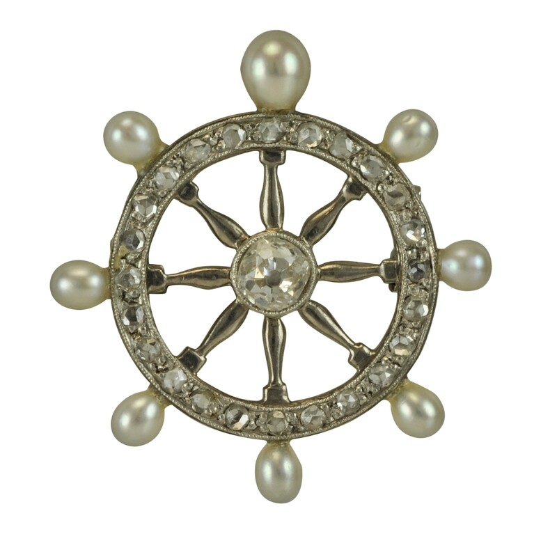 Pearl & Diamond Ship Wheel Brooch