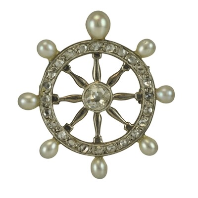 Pearl & Diamond Ship Wheel Brooch