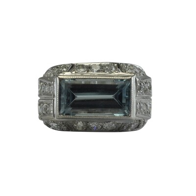 Emerald Cut Aquamarine and Diamond Cluster Dress Ring - SOLD