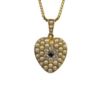 Victorian Pearl, Sapphire and Diamond Heart Pendant