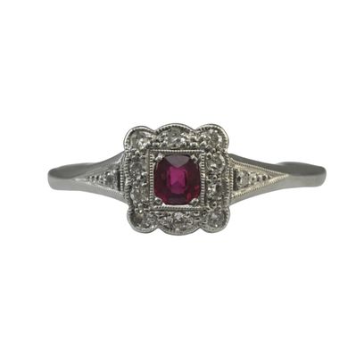 Art Deco 18ct Synthetic Ruby & Diamond Ring - SOLD