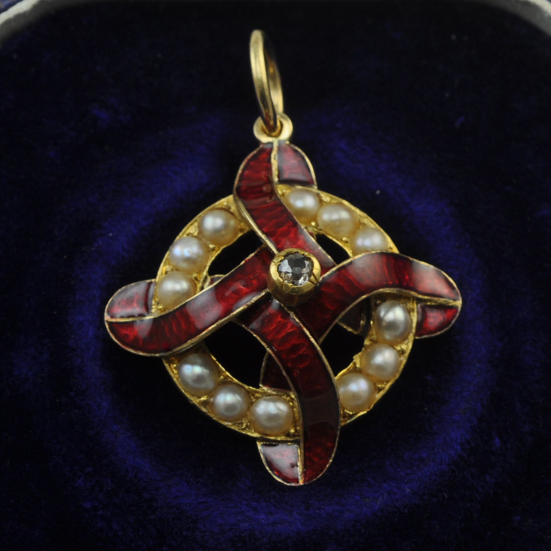 18ct Red Enamel, Pearl and Diamond Pendant