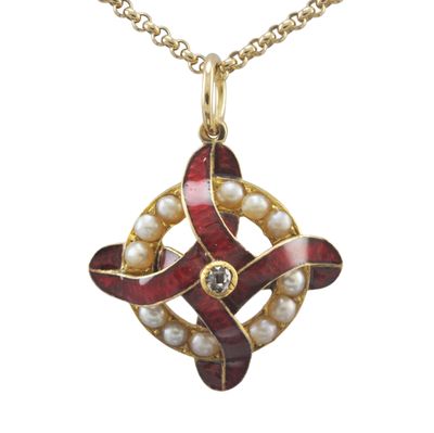 18ct Red Enamel, Pearl and Diamond Pendant