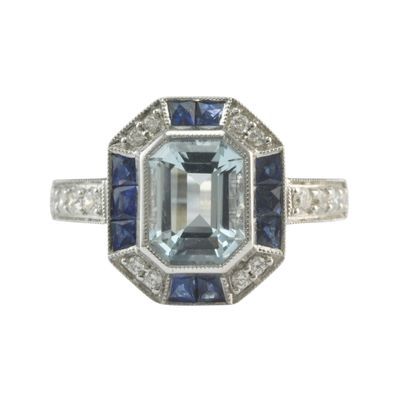 Aquamarine, Sapphire & Diamond Art Deco Style Ring