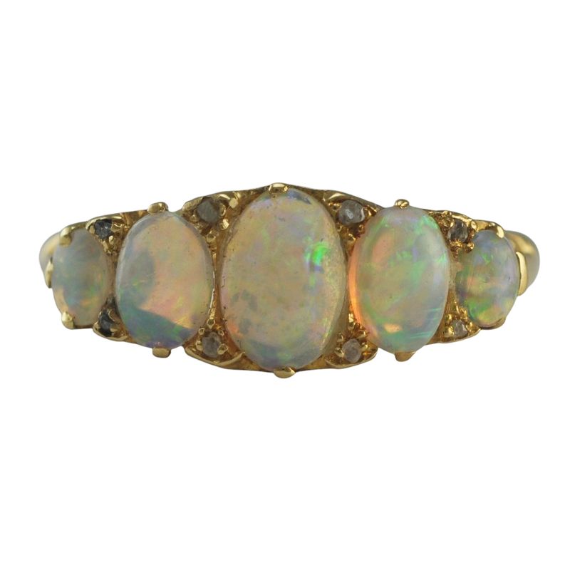 Antique 18ct Opal and Diamond Carved Half Hoop Ring