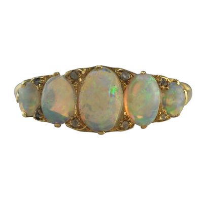 Antique 18ct Opal and Diamond Carved Half Hoop Ring