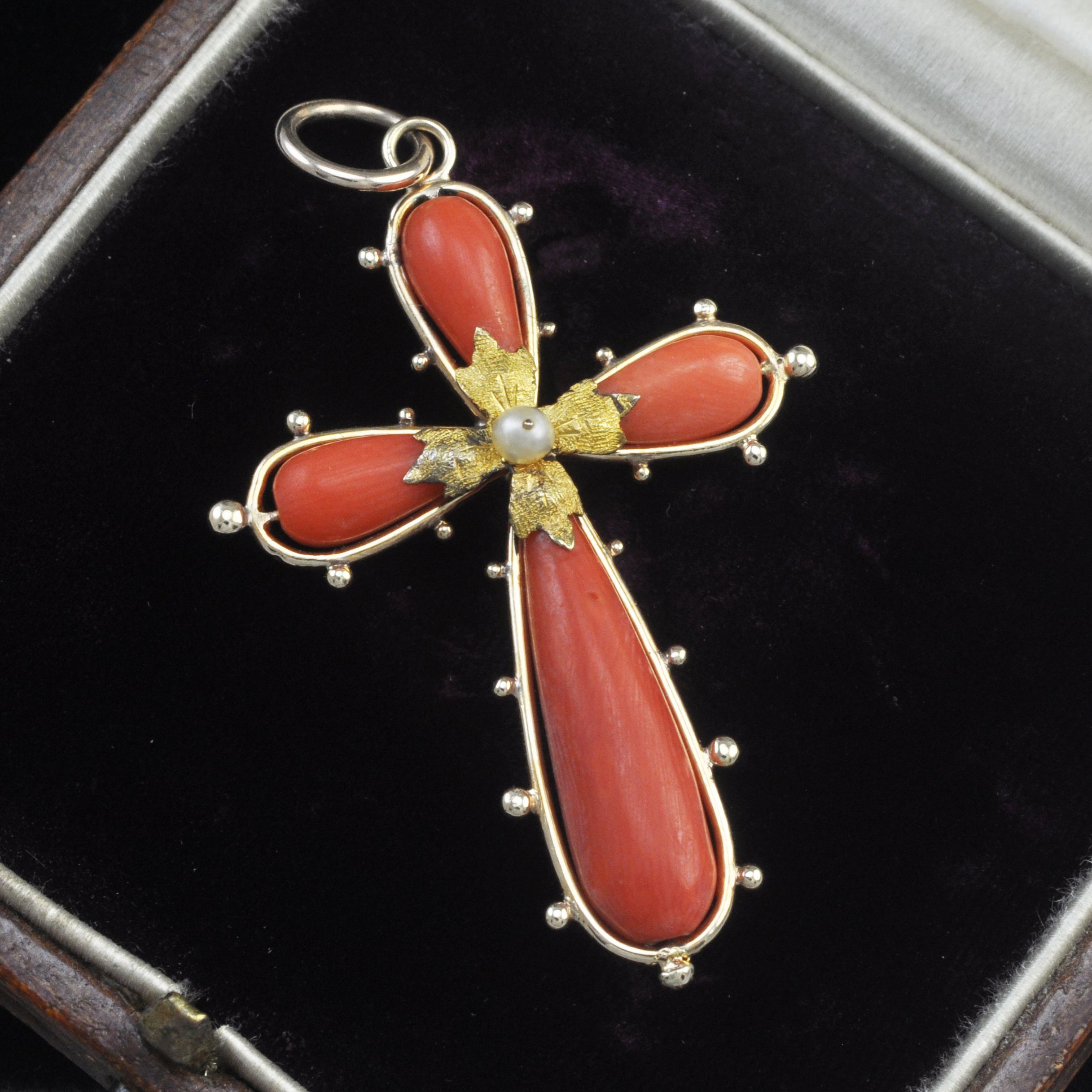 Antique 12ct Gold Coral and Pearl Cross Pendant