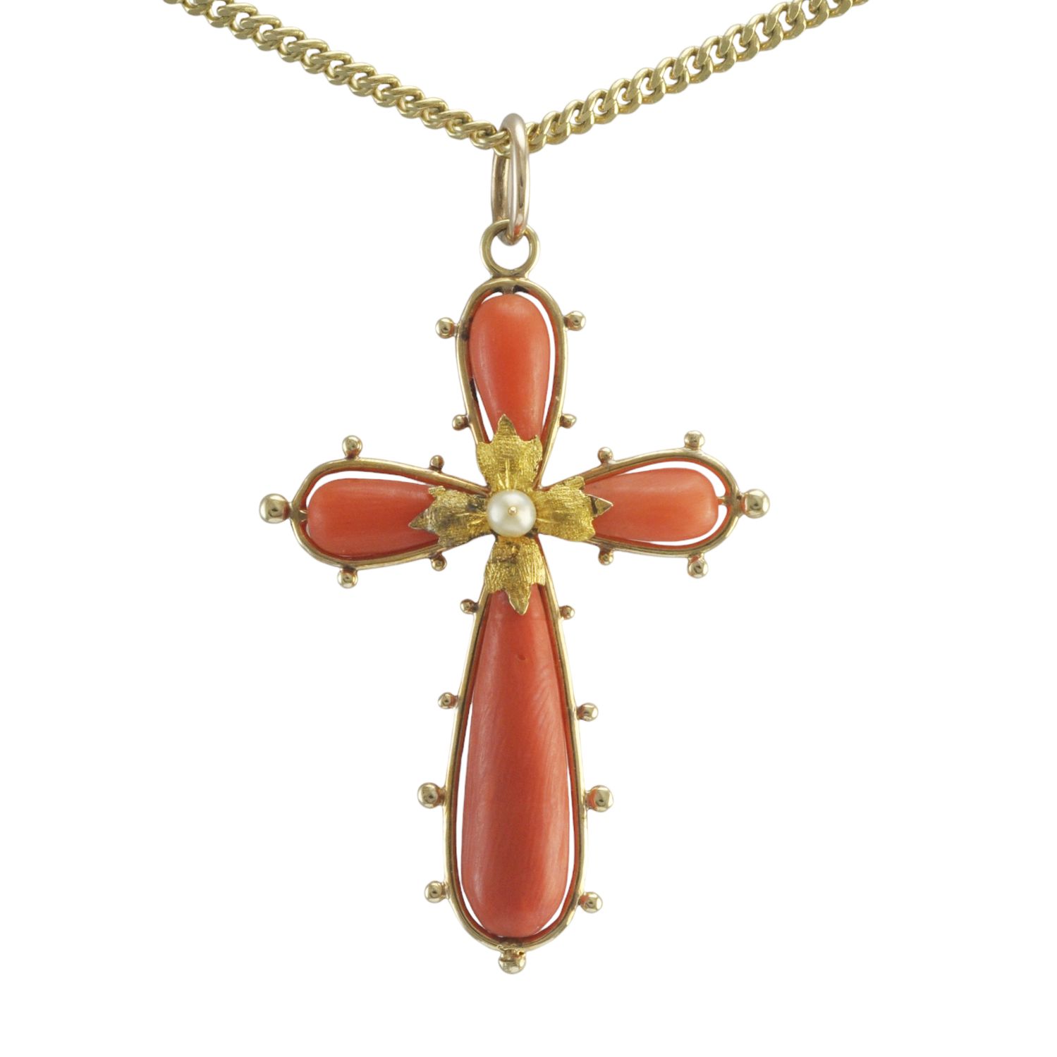 Antique 12ct Gold Coral and Pearl Cross Pendant