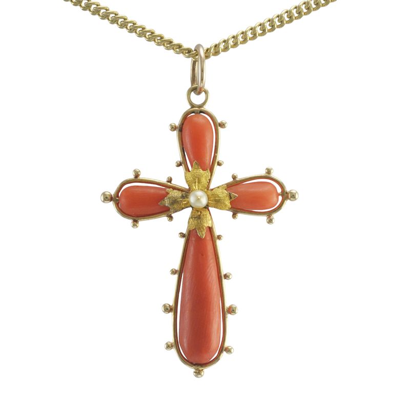 Antique 12ct Gold Coral and Pearl Cross Pendant