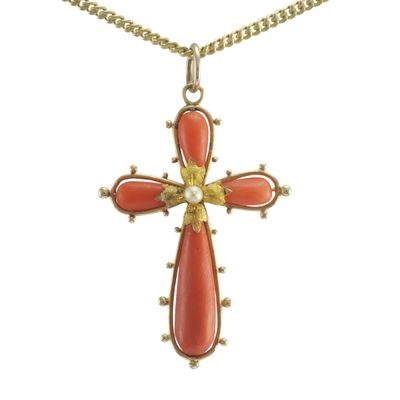 Antique 12ct Gold Coral and Pearl Cross Pendant