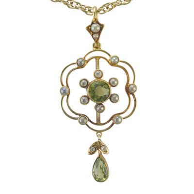 Art Nouveau Peridot and Pearl Lavaliere Pendant