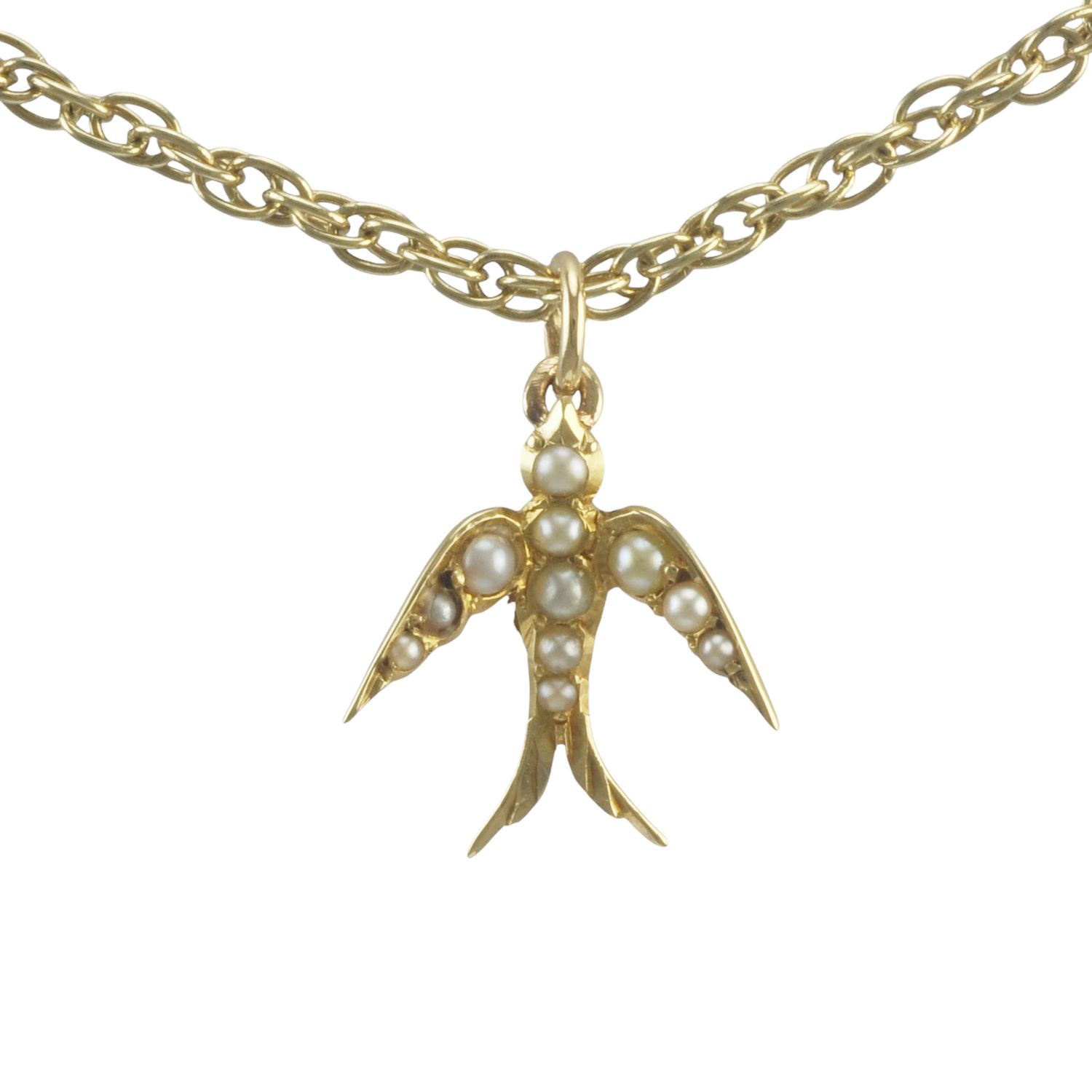 Antique Mid-Carat and Pearl Swallow Pendant