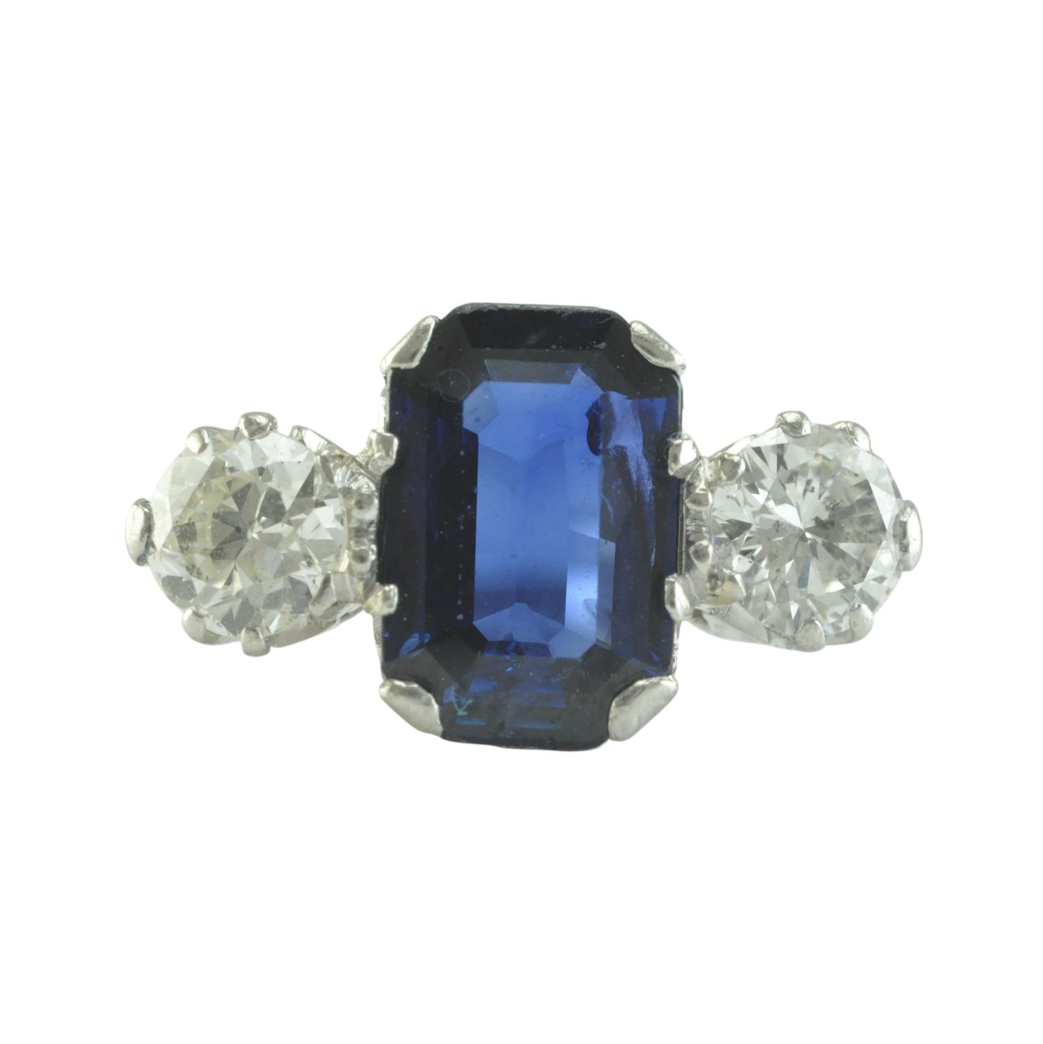 1930s Platinum Sapphire and Diamond Three Stone Ring