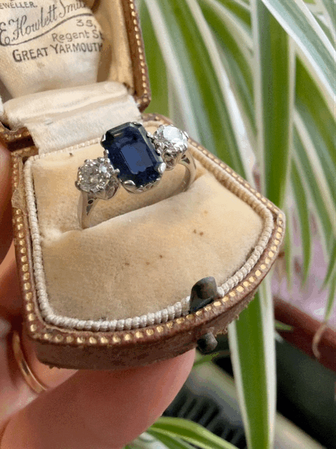 1930s Platinum Sapphire and Diamond Three Stone Ring