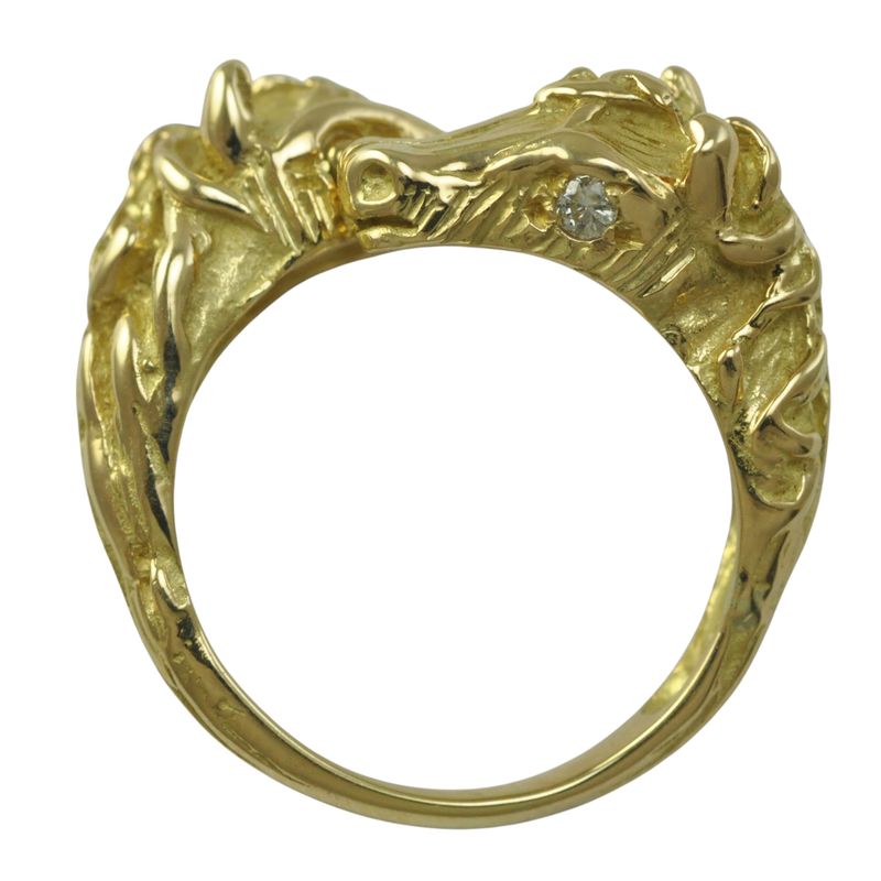 18ct Yellow Gold Double Horse Head Ring with Diamond Eyes